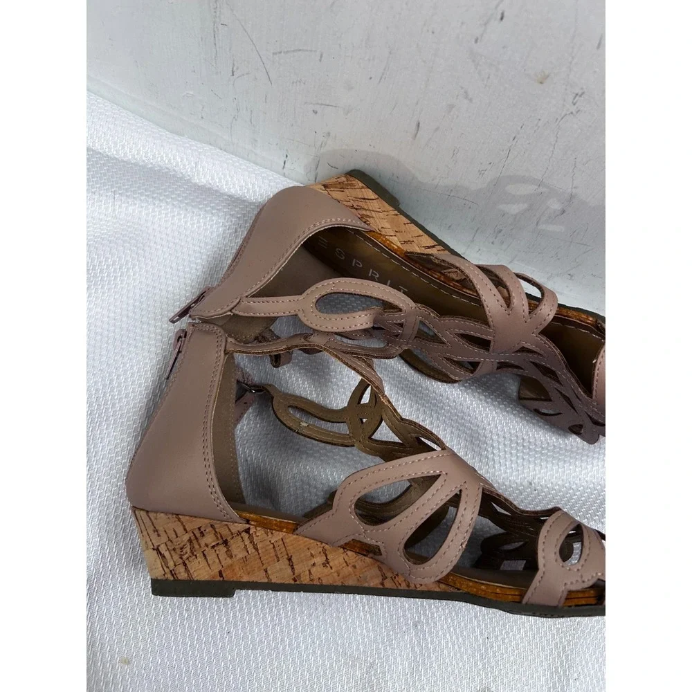 Esprit Wedge Sandals 7.5 Tan Laser Cut Cage Cork Heel Womens